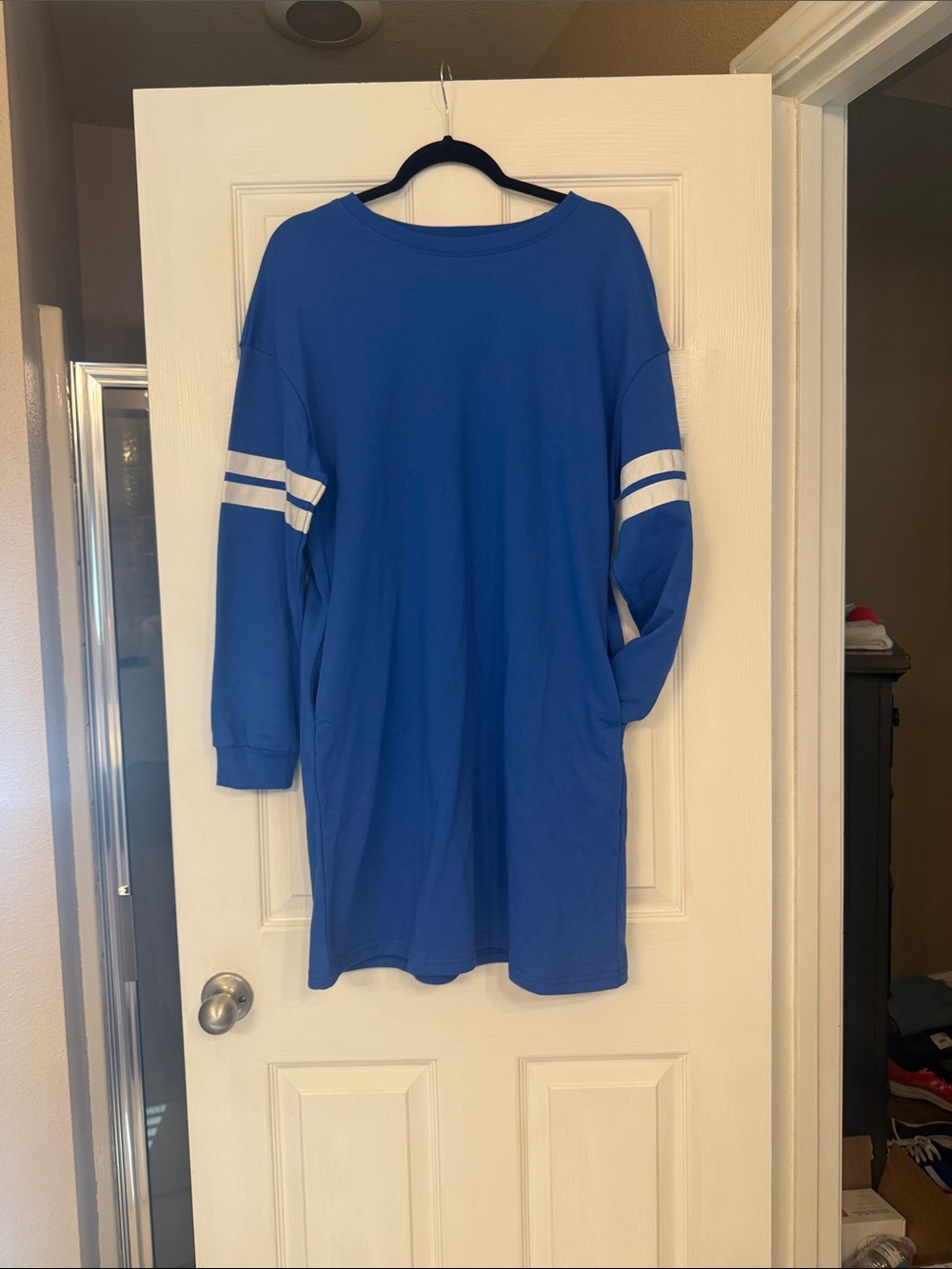 Casual Blue Long-Sleeve Dress with White Sleeve Stripes